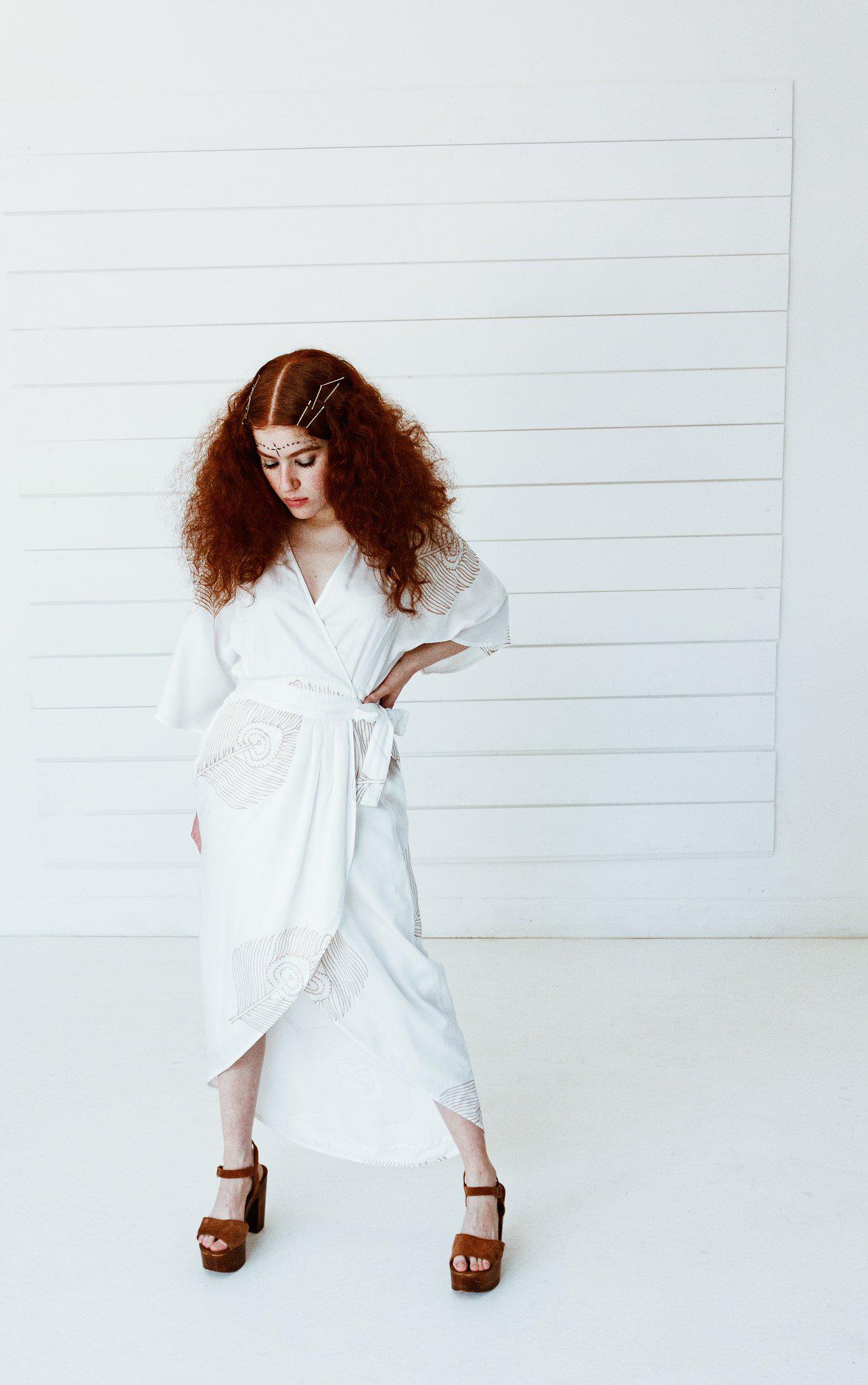 Peacock Maxi Wrap Dress in White + Gold | Boutique In USA, Dresses, $ 180.00, A Moment Of Now™