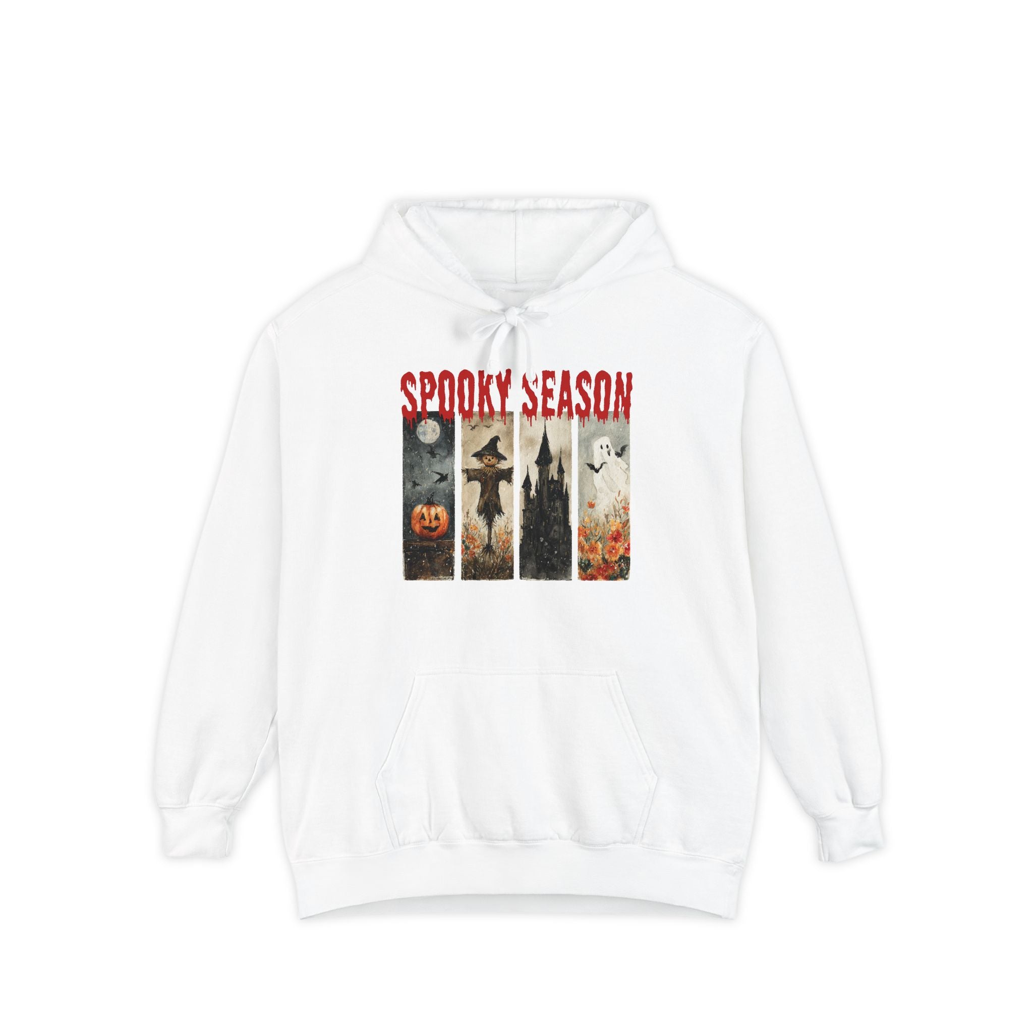 Spooky Season Halloween hoodie with vintage pumpkin, witch and ghost graphic