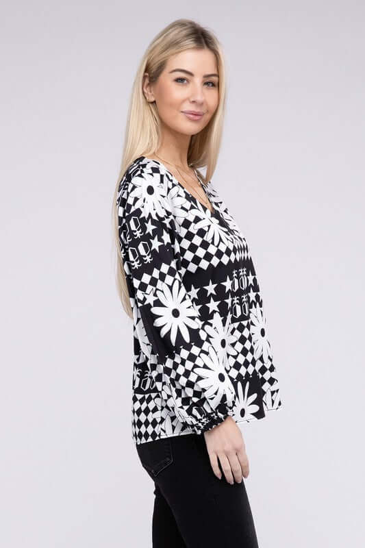 Black & White Floral Print V Neck Lantern Sleeve Blouse, Nuvi Apparel, $ 32.95