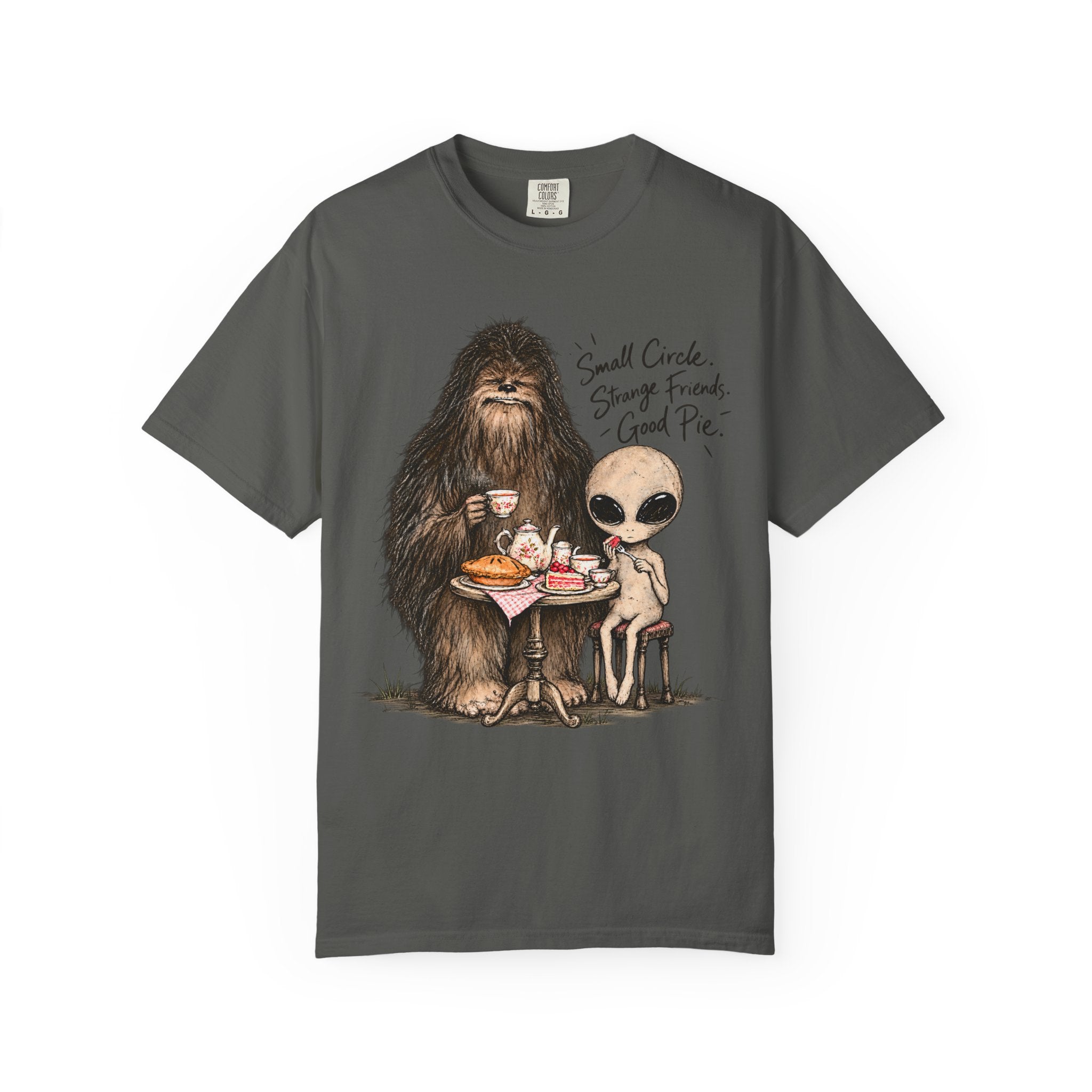 Bigfoot & Alien Tea Party T-Shirt | Small Circle, Strange Friends, Good Pie