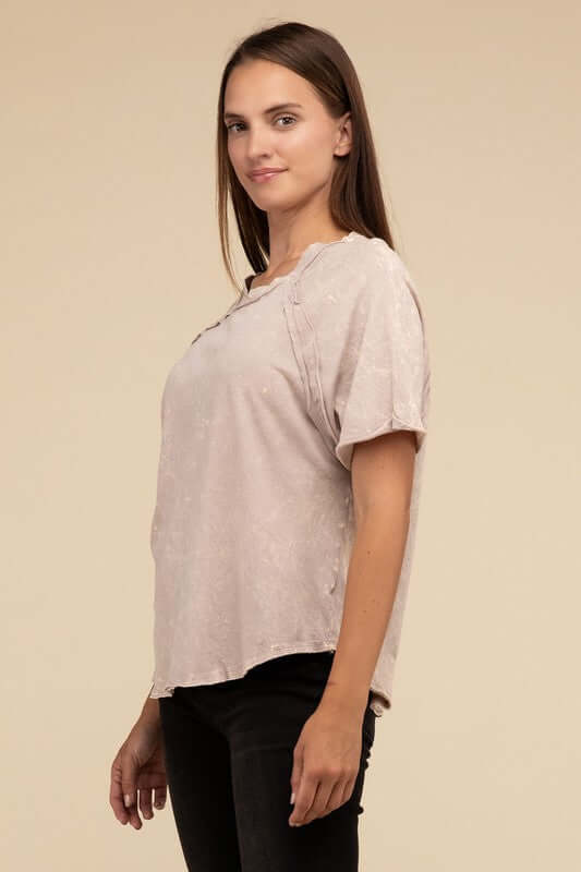 Back Patch Crinkle Washed Raglan Sleeve T-Shirt, ZENANA, A Moment Of Now