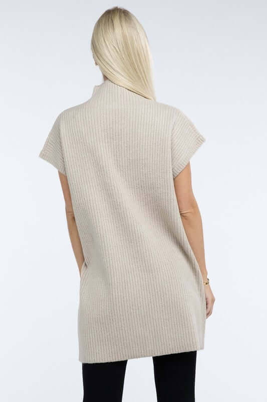 Women's Mock Neck Short Sleeve Mini Sweater Dress with Pocket, ZENANA, $ 55.00