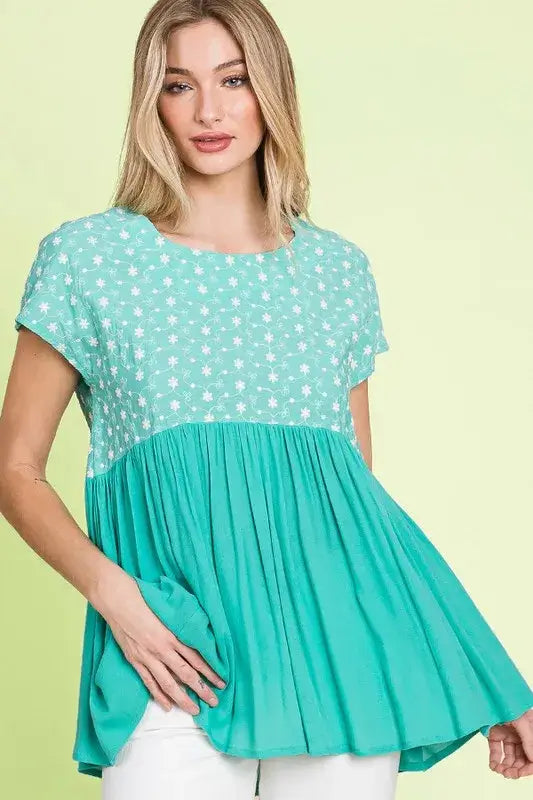 Mint Embroidered Short Sleeve Pleated Babydoll Top Plus Size, Tops, $ 25.00, A Moment Of Now™