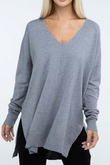 Women's Hi-Low Hem V Neck Front Seam Sweater | USA Boutique, ZENANA, $ 55.00