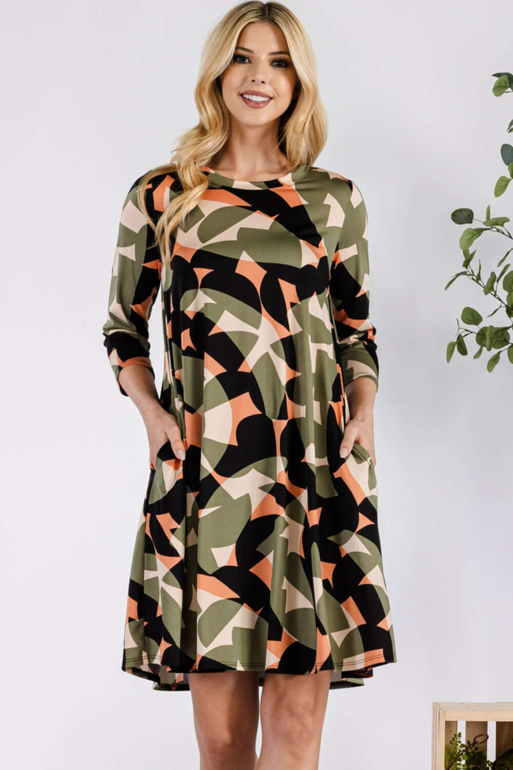 Olive Geometric Round Neck Dress with Pockets, Celeste, A Moment Of Now