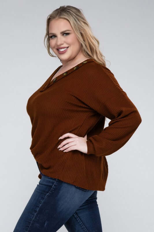 Plus Brushed Waffle V-Neck Button Detail Sweater, ZENANA, $ 28.00