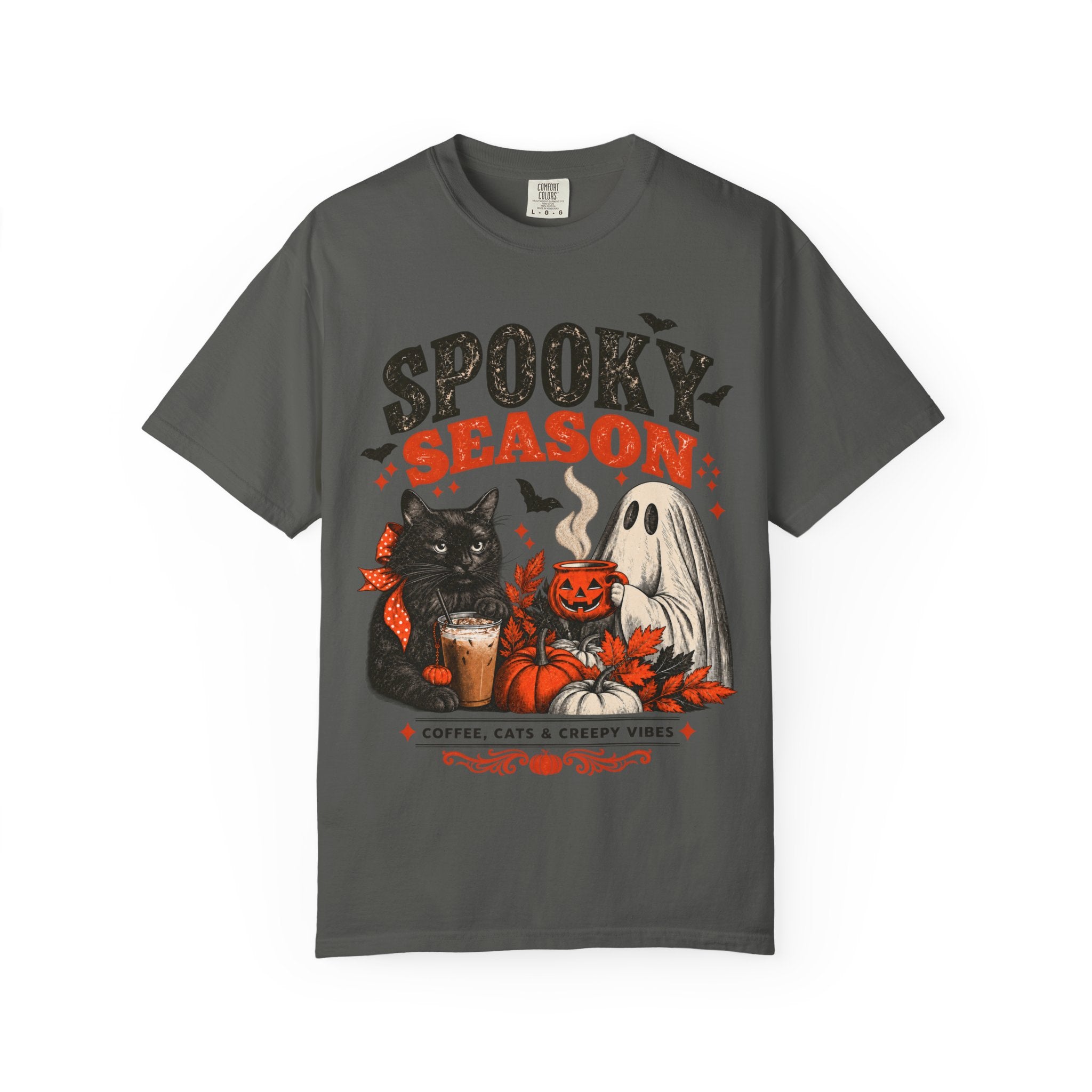 Spooky Season Black Cat & Ghost T-Shirt | Halloween Coffee & Cats Tee
