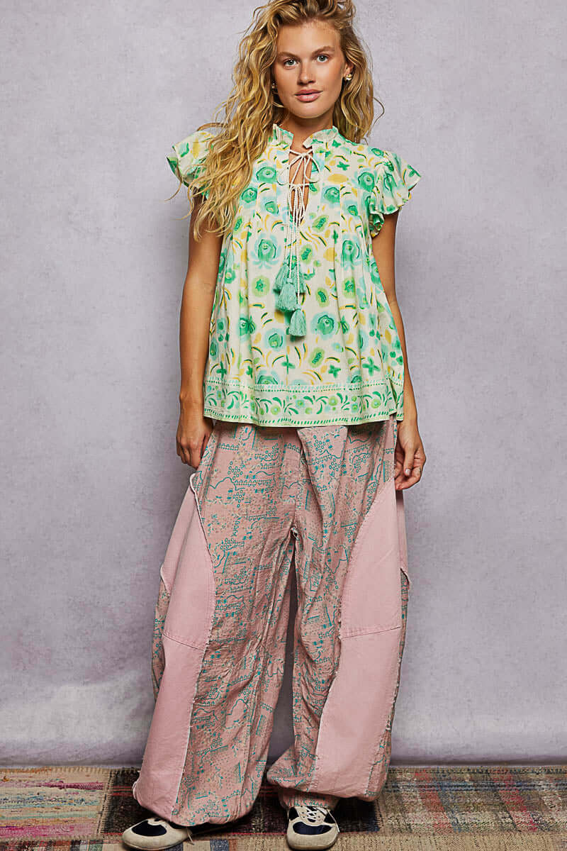 Mint Green Floral Flutter Sleeve Blouse | Tassel Tie Neck, Blouses, $ 60.00, A Moment Of Now™