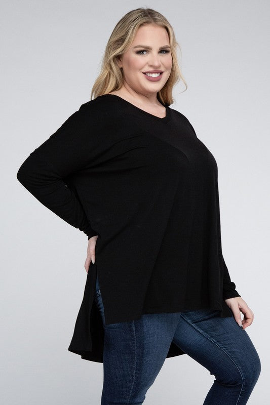 Shop Plus Size Dolman Sleeve V-Neck Side Slit Hi-Low Hem Top For Women, Tops, USA Boutique