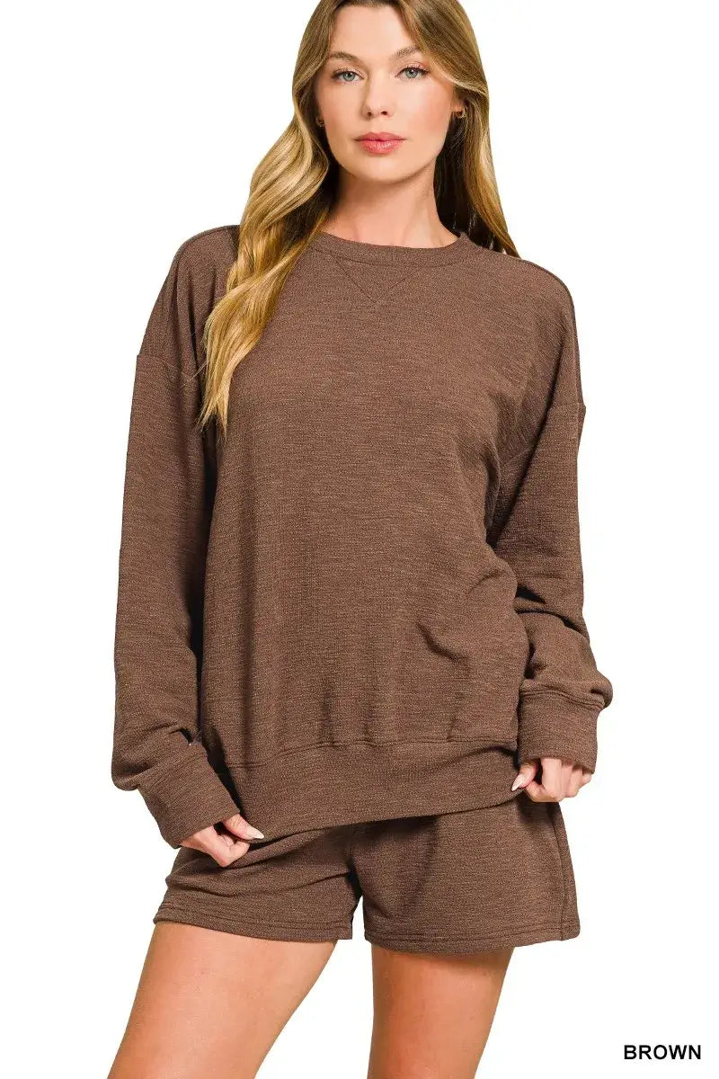 Brown Slub Long Sleeve Top and Shorts Set, Outfit Sets, $ 45.00, A Moment Of Now™
