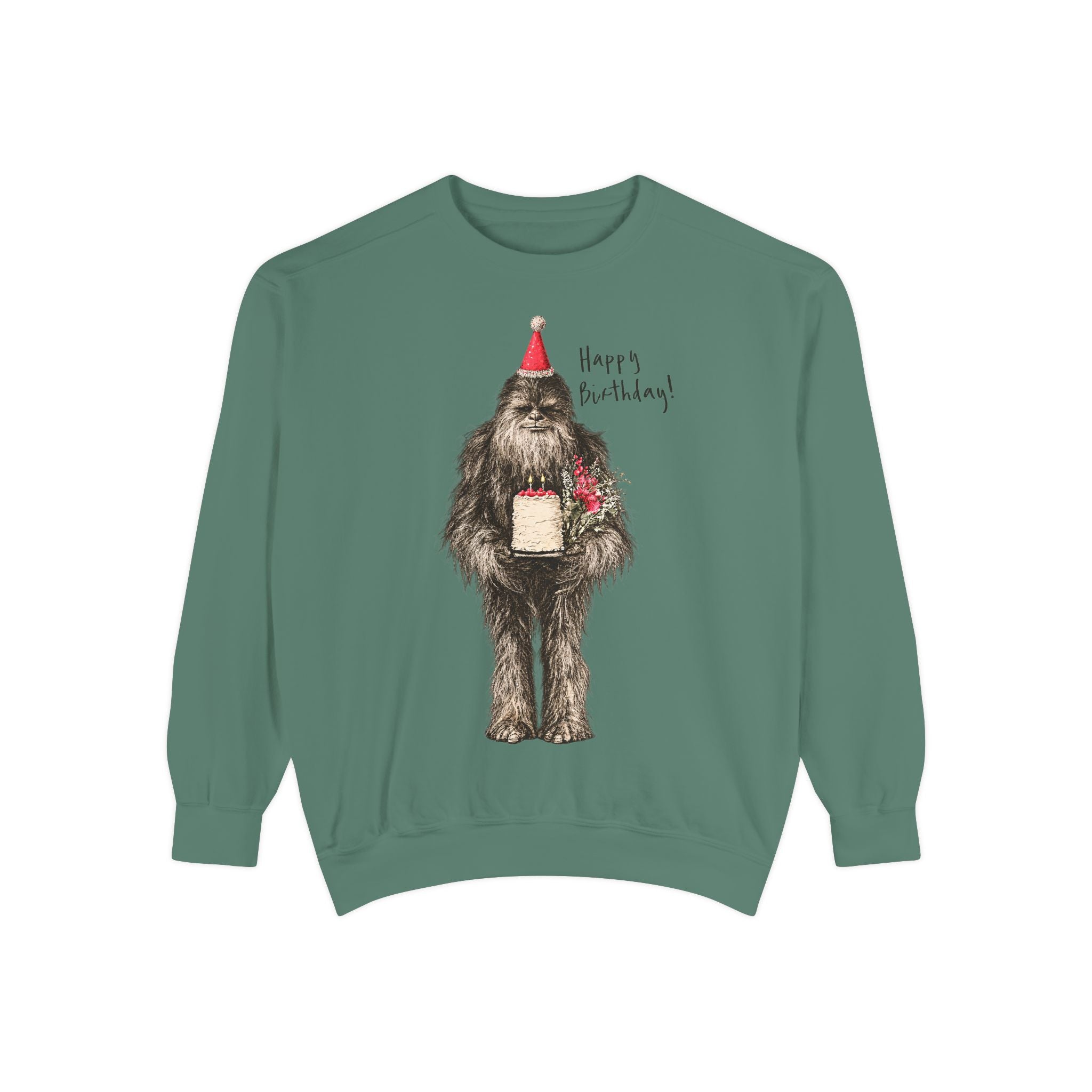 Birthday Bigfoot Sweatshirt — Funny Sasquatch with Cake