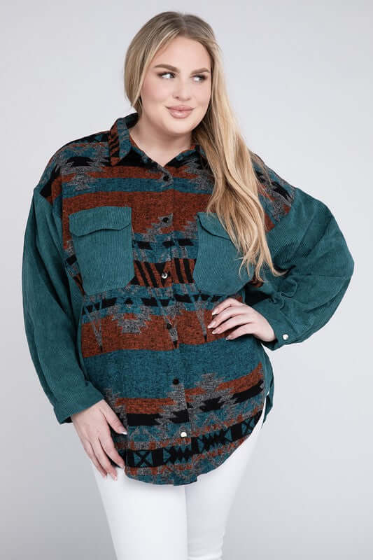 Women's Plus Size Printed Button Down Long Sleeve Jacket USA Boutique, Davi & Dani, $ 55.00