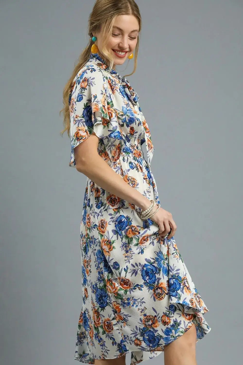 Royal Blue Floral Print Flutter Sleeve Dress - Chic Midi Style, Dresses, $ 65.00, A Moment Of Now™