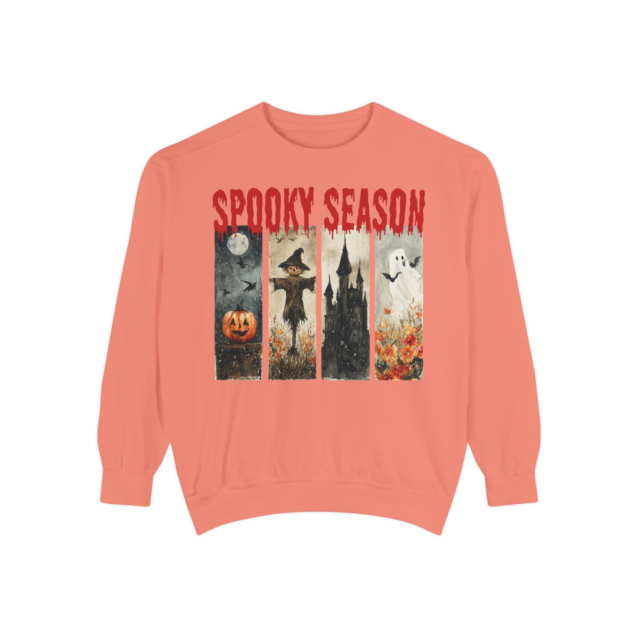 Spooky Season Halloween sweatshirt with vintage pumpkin, witch and ghost graphic — product mockup