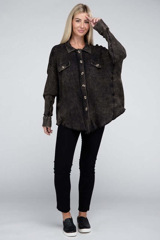 Acid Wash Oversized Cotton Waffle Shacket Jacket, ZENANA, $ 51.95