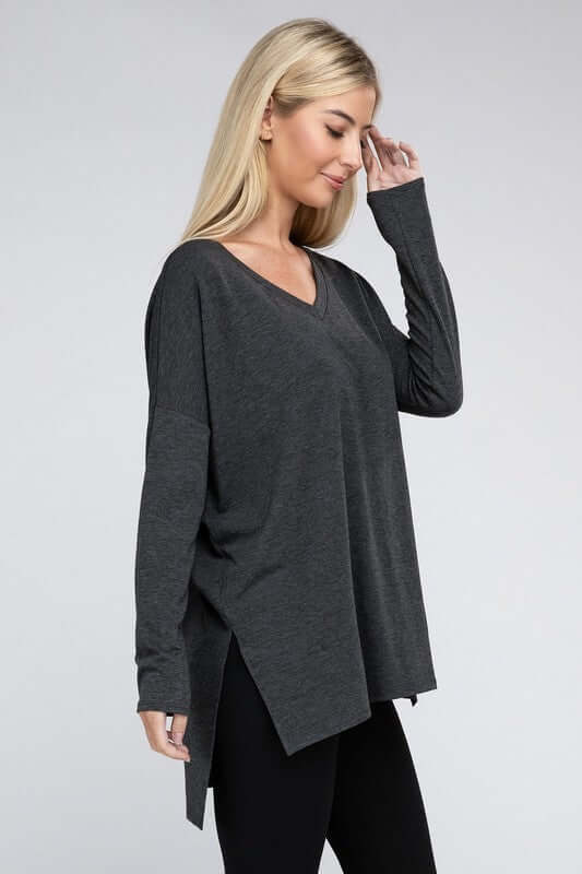 Dolman Long Sleeve V-Neck Side Slit Hi-Low Hem Top, ZENANA, $ 19.00