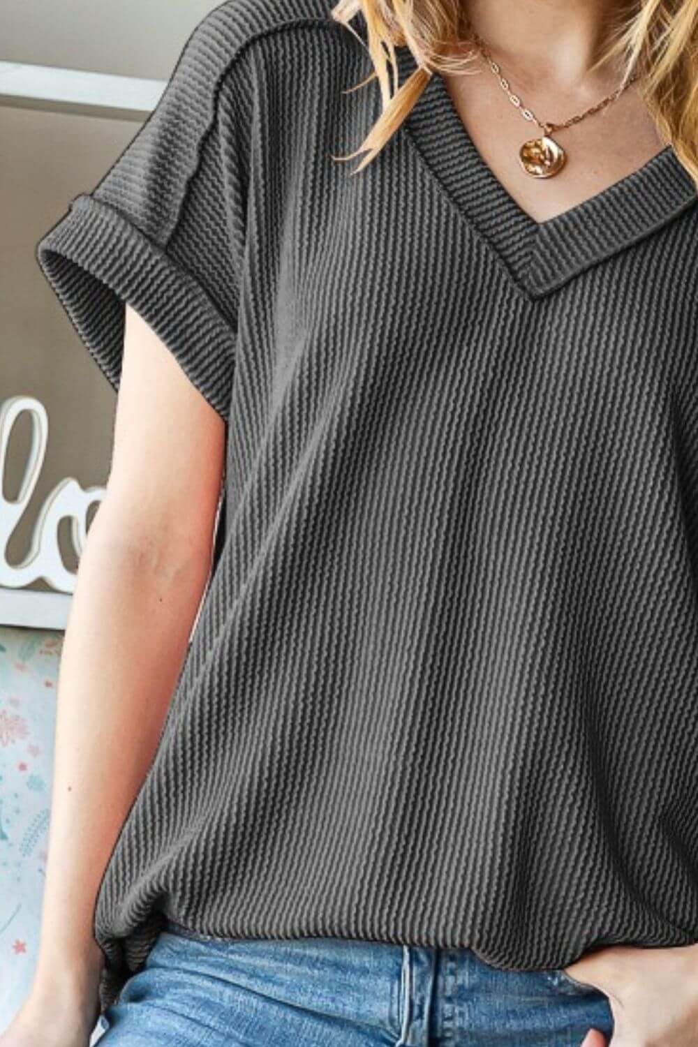 Charcoal Grey Exposed Seam Short Sleeve Ribbed Top - Chic Style, Tops, $ 33.00, A Moment Of Now™