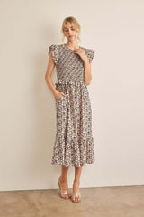 Black Peach Floral Print Smocked Ruffled Midi Dress, In February, A Moment Of Now