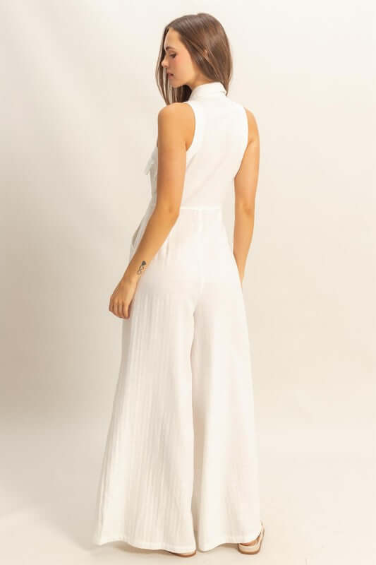 White Sleeveless Tie Waist Wide Leg Jumpsuit | Stylish Fit, Jumpsuits, $ 64.00, A Moment Of Now™