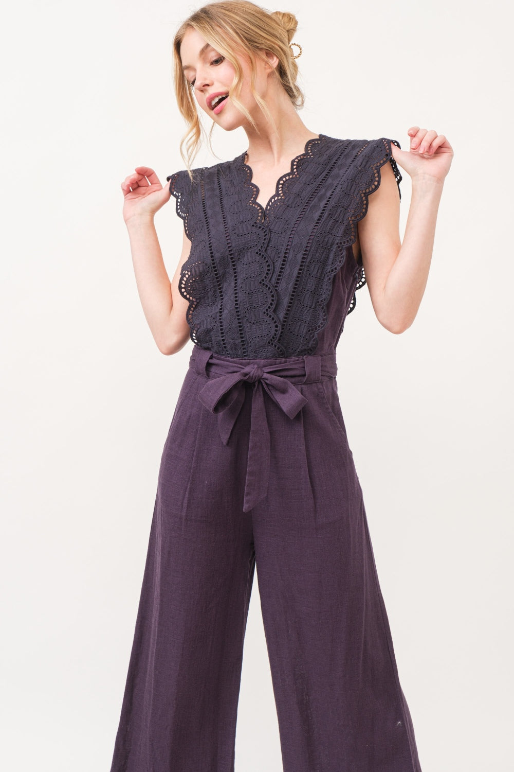 Lavander Luxe Lace Surplice Tie Waist Jumpsuit