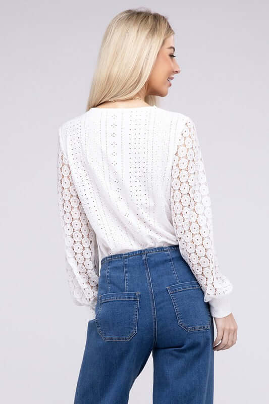 White V Neck Lace Trim Long Sleeve Top, Nuvi Apparel, $ 32.95