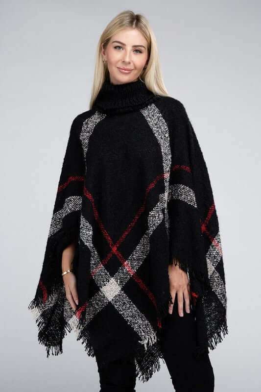 Ivory Black Turtleneck Plaid Knit Pancho, Nuvi Apparel, $ 45.95