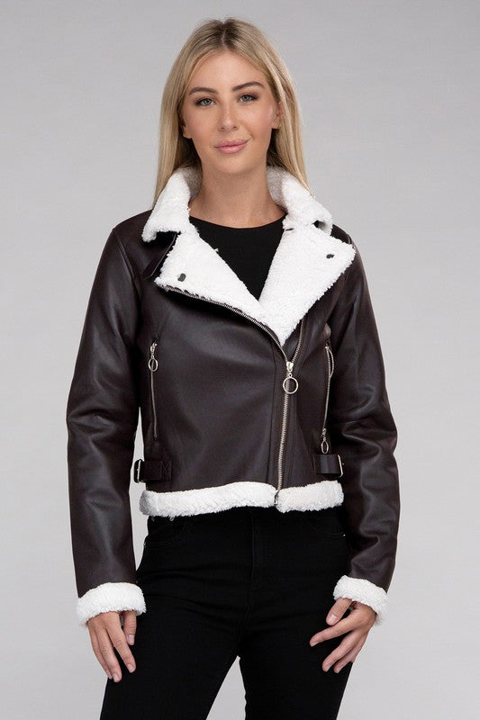 Shop Brown Plush Teddy Trimmed PU Jacket For Women | Boutique Clothing, Jackets, USA Boutique