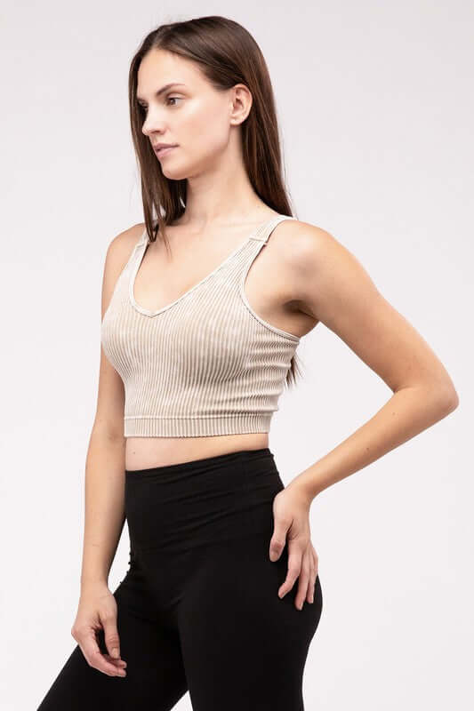 Washed Ribbed Cropped V-Neck Tank Top, ZENANA, $ 25.95