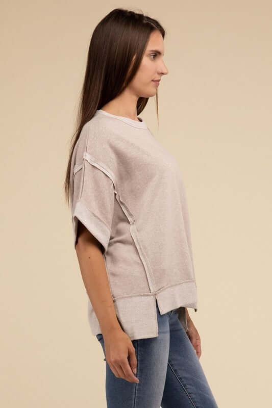 Contrast Trim Top Stitching Drop Shoulder Top, ZENANA, $ 35.95