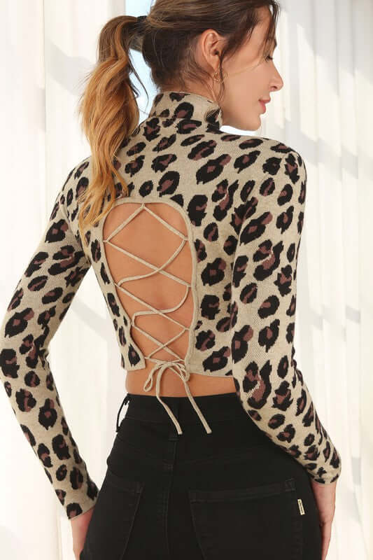 Mock Neck Lace-up Open Back Long Sleeve Top