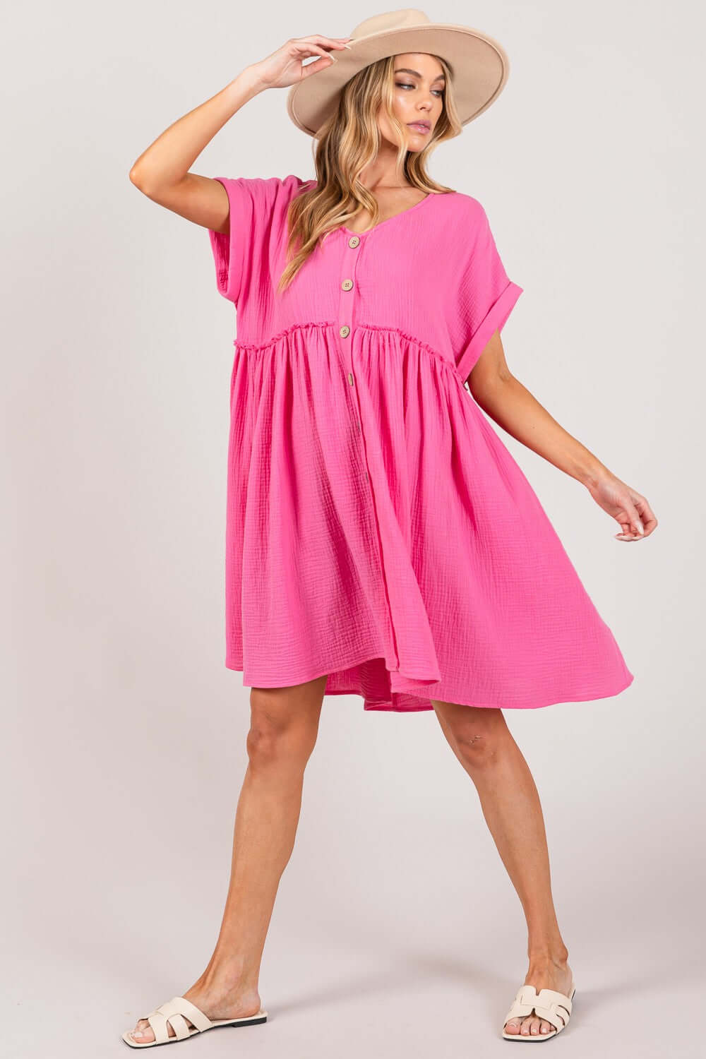 Pink Button Up Short Sleeve Dress - Chic & Versatile Style, Dresses, $ 45.00, A Moment Of Now™