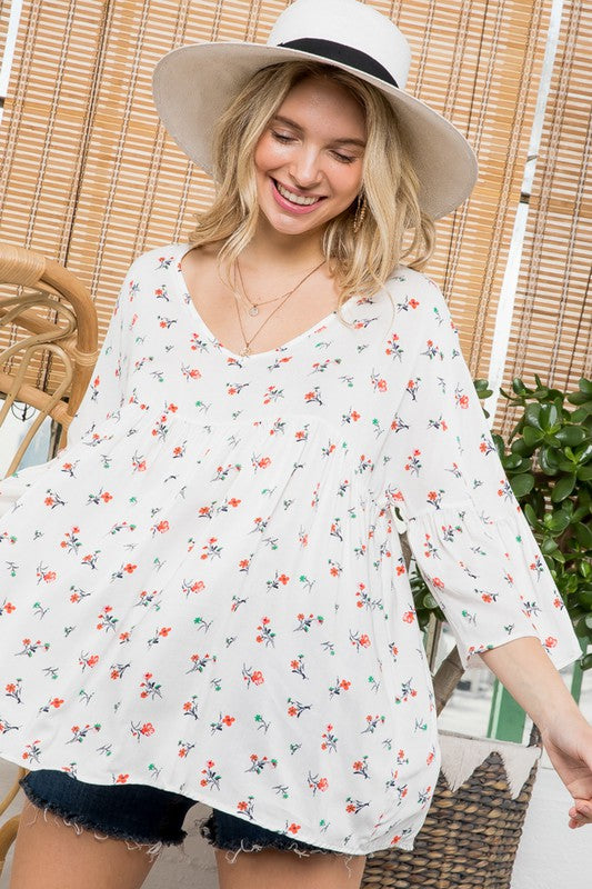 Ditsy Floral Print Bell Sleeve Babydoll Top