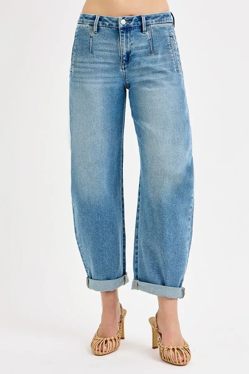 Medium Blue Mid Rise Fit Barrel Roll Up Jeans Plus Size - RISEN, Jeans, $ 75.00, A Moment Of Now™