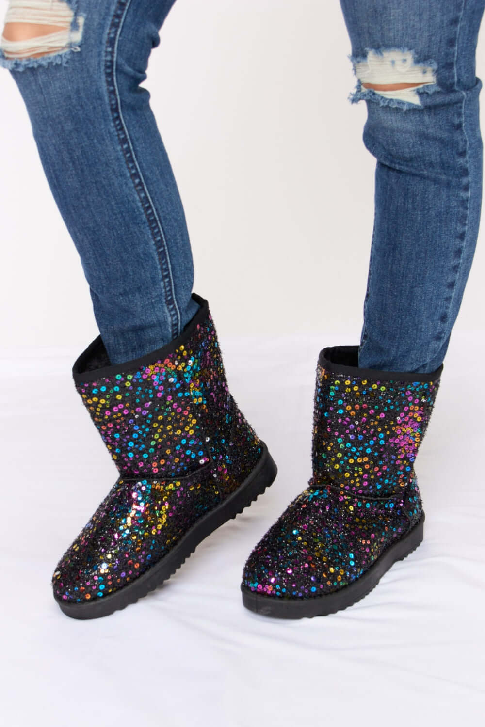 Women's Black Sequin Thermal Flat Winter Short Boots | USA Boutque, Forever Link, $ 29.00