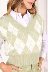 Green Knitted Argyle Sweater Vest