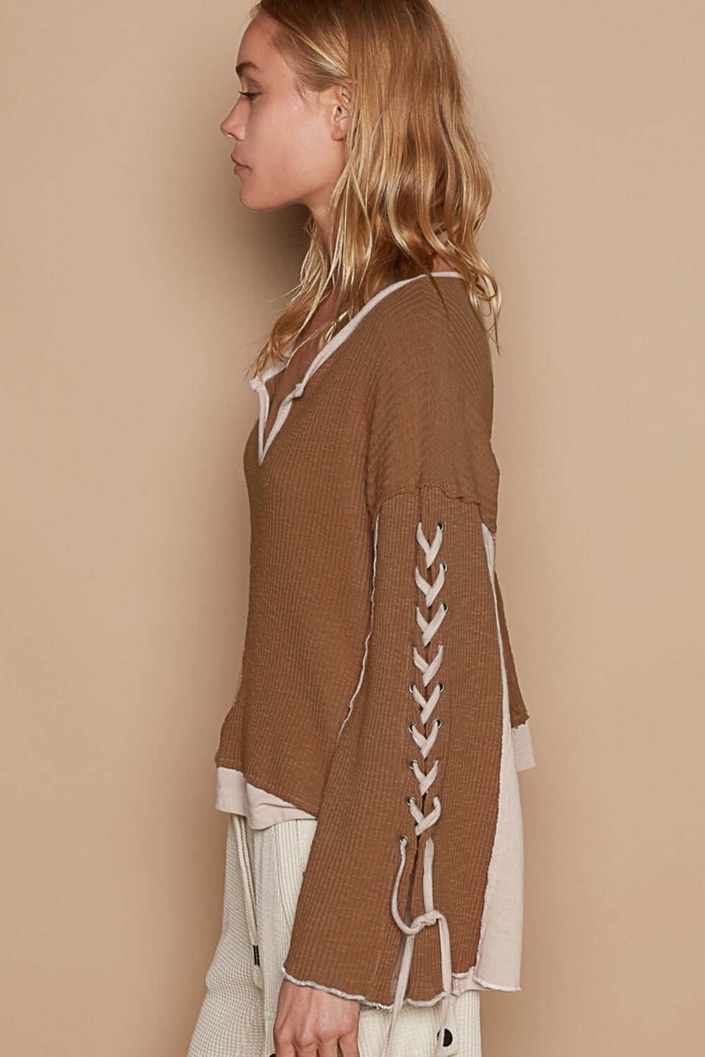Brown Lace-Up Sleeve Color Block Ribbed Knit Top, Tops, $ 81.00, A Moment Of Now™