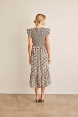 Black Peach Floral Print Smocked Ruffled Midi Dress, In February, A Moment Of Now