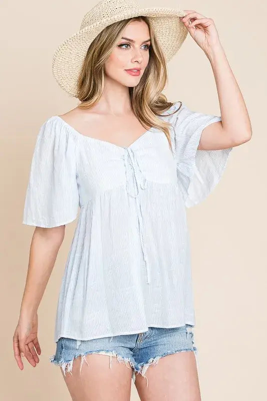 Sky Blue Thin Striped with Tie Front Babydoll Top: Chic Style, Tops, $ 27.00, A Moment Of Now™