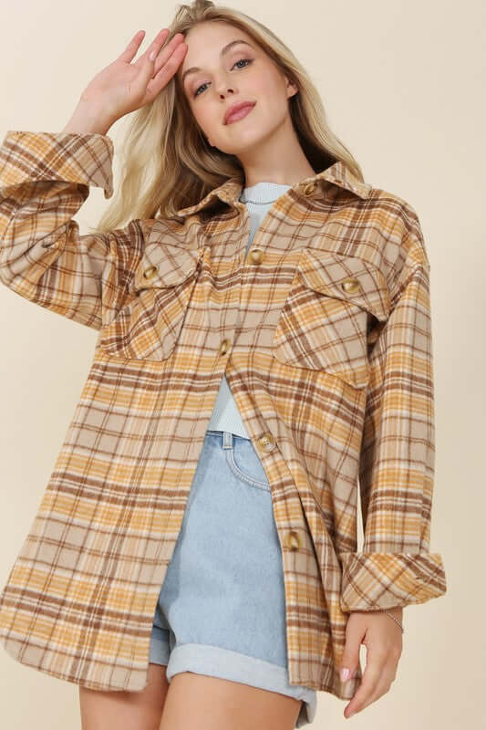 Brown Plaid Shacket with Pockets