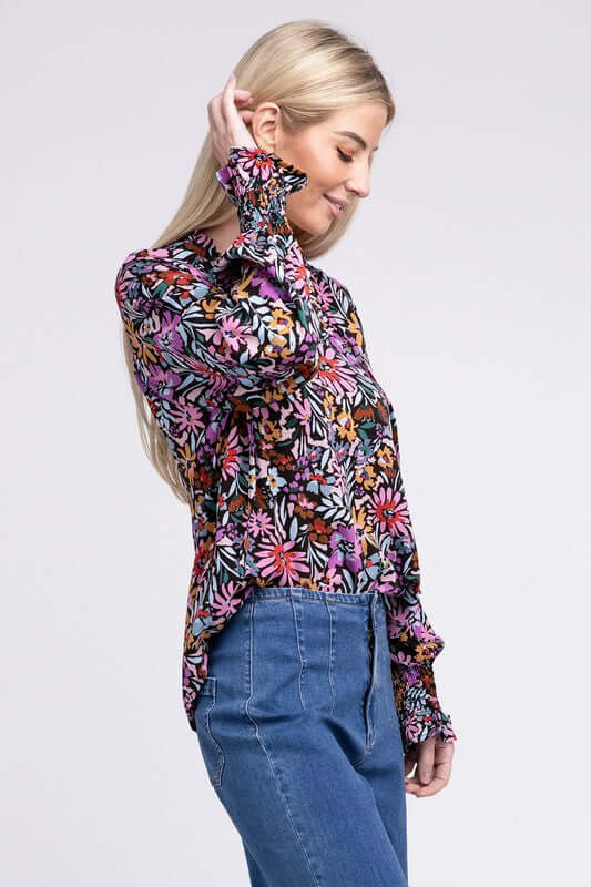 Purple Floral Print Tie V Neck Blouse, Nuvi Apparel, $ 38.95