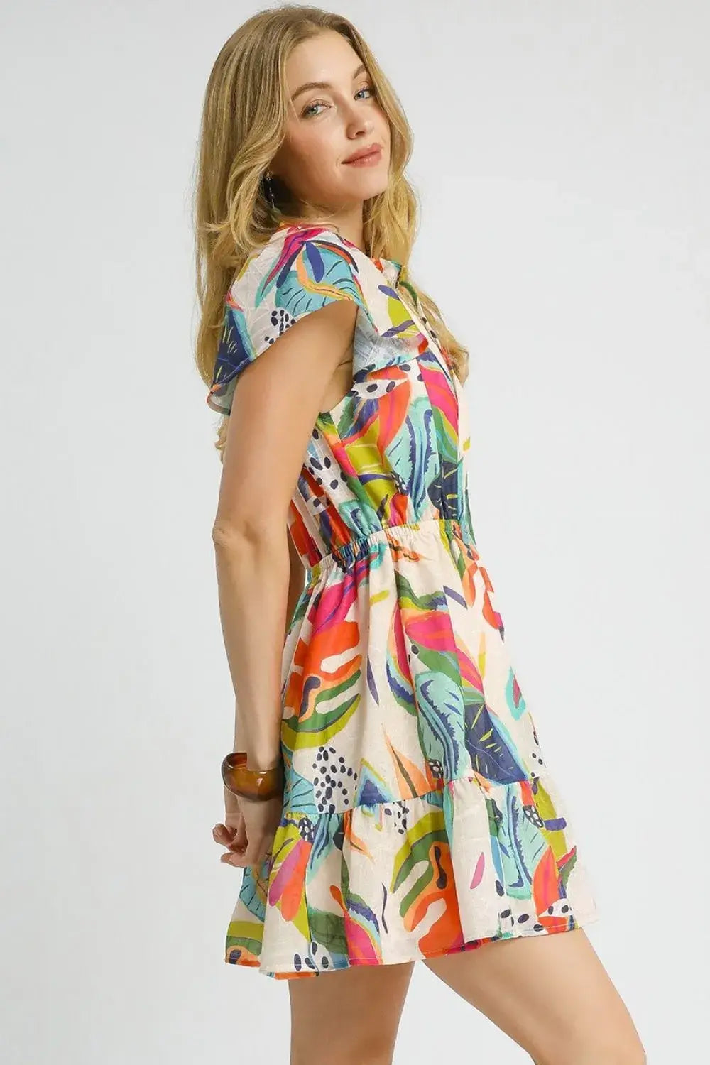 Colorful Printed Tie Neck Ruffled Mini Dress, Dresses, $ 55.00, A Moment Of Now™
