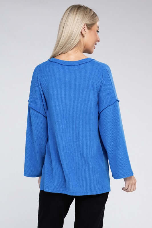 Ribbed Brushed Melange Hacci Henley Sweater, ZENANA, $ 29.00