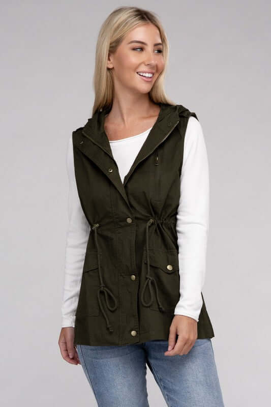 Drawstring Waist Military Hoodie Vest Jacket