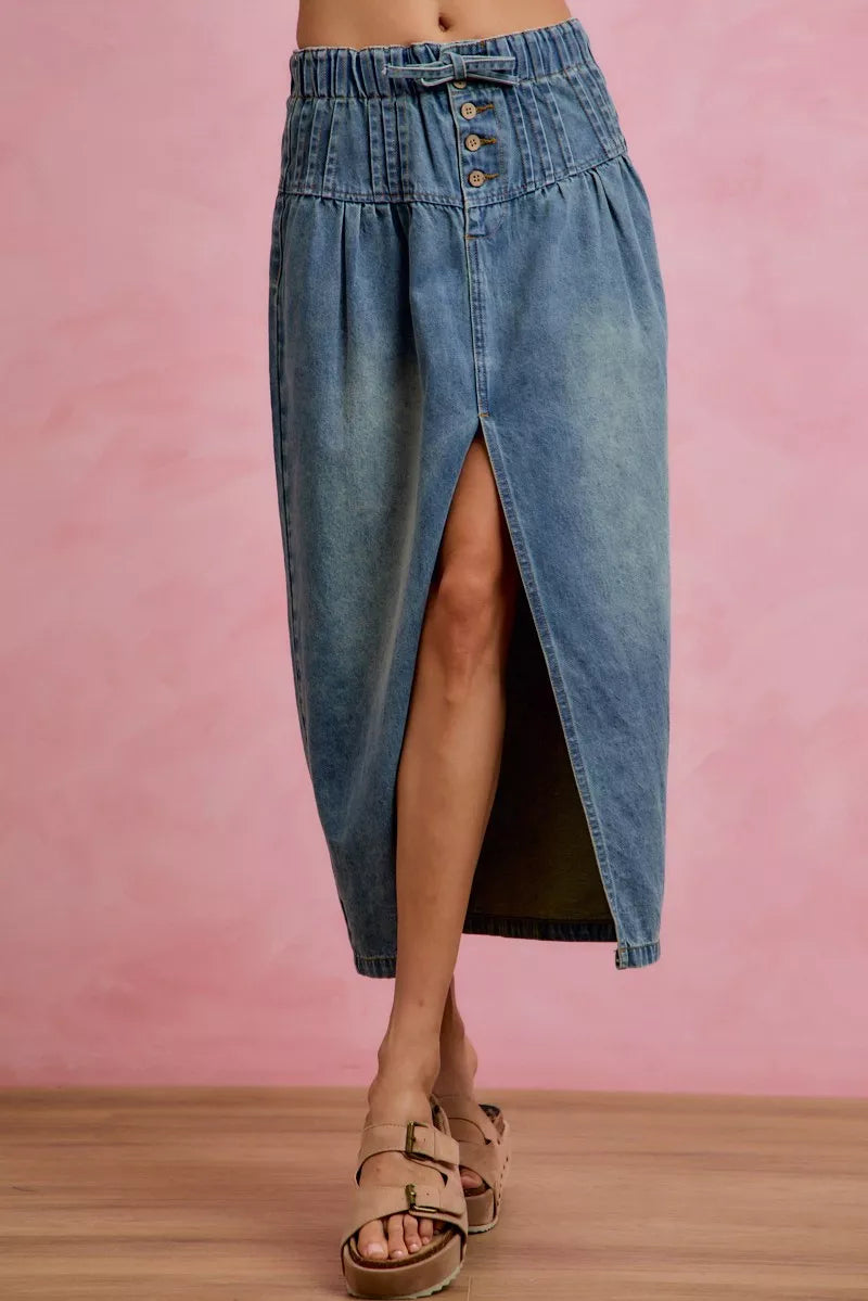 SO ME Pleated Washed Denim Skirt With Front Slit | Boutique In USA, Skirts, $ 69.00, A Moment Of Now™