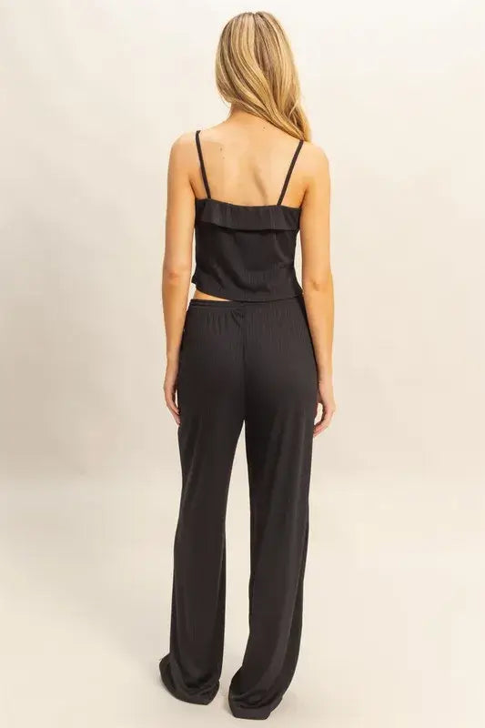Black Rib Knit Cami Top and Pants Set - Chic Comfort for All, Outfit Sets, $ 45.00, A Moment Of Now™