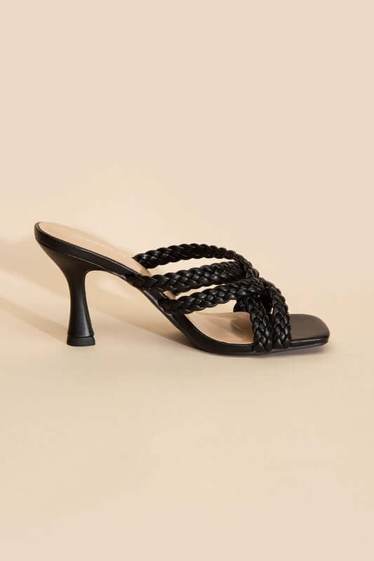 KELLAN-S Double Cross Braided Heels Sandals in Black White, Fortune Dynamic, $ 35.00