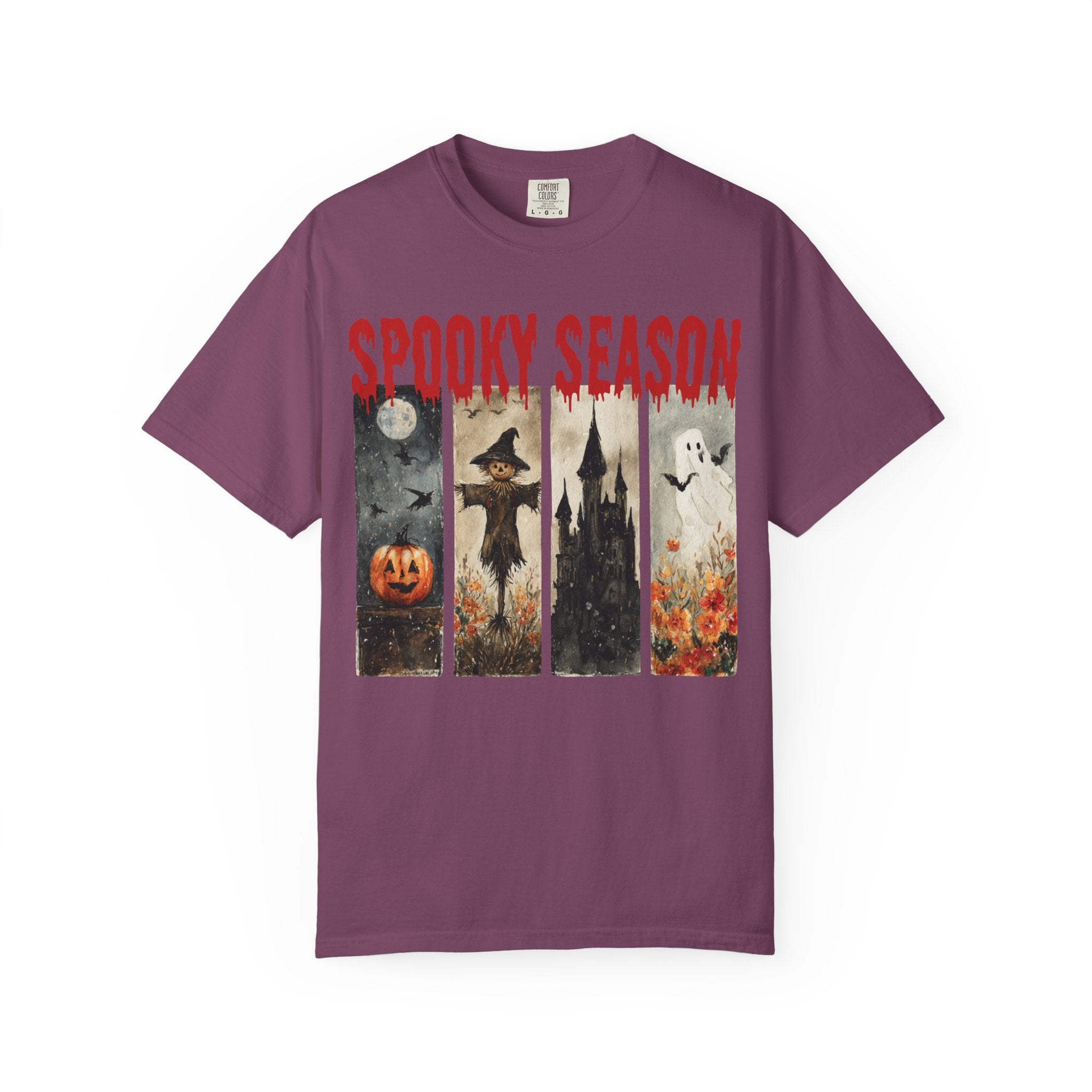 Spooky Season Halloween T-shirt with vintage pumpkin, scarecrow and ghost graphic — product mockup