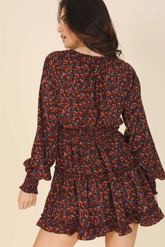 Burgundy Ditsy Floral Long Sleeve Ruffle Tired Mini Dress, Lilou, $ 38.95