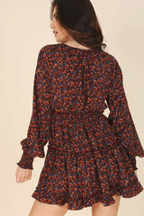 Burgundy Ditsy Floral Long Sleeve Ruffle Tired Mini Dress, Lilou, A Moment Of Now