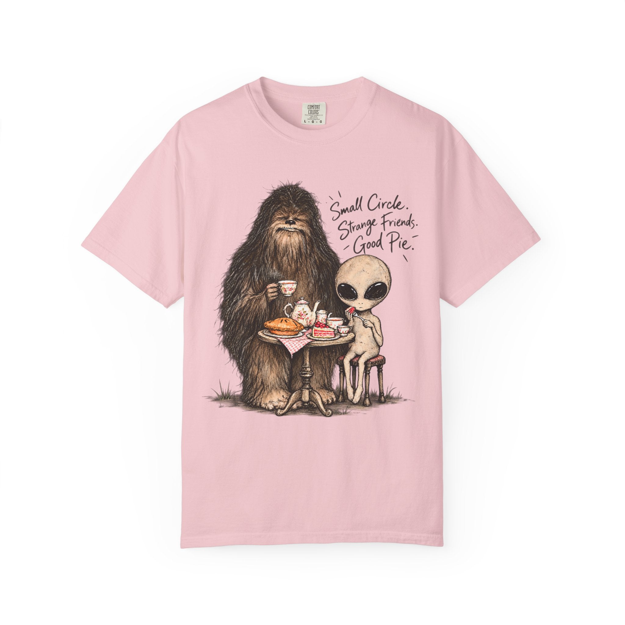 Bigfoot & Alien Tea Party T-Shirt | Small Circle, Strange Friends, Good Pie